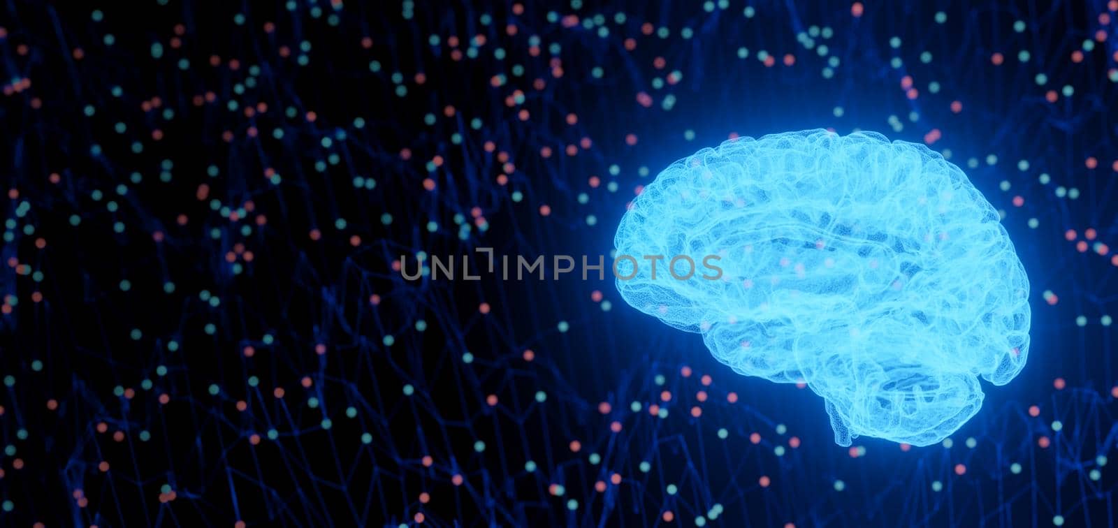 holographic brain with backlit net with copy space. 3d render
