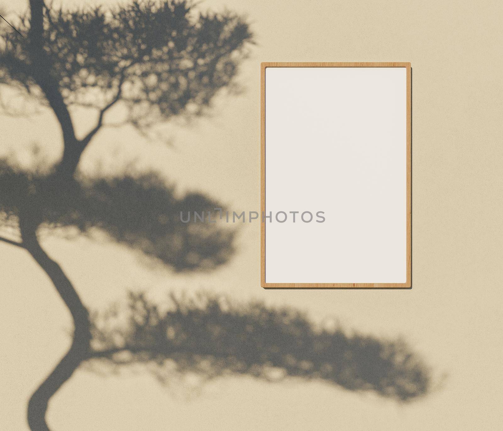 mockup of wooden frame on rough wall with pine shade. 3d render