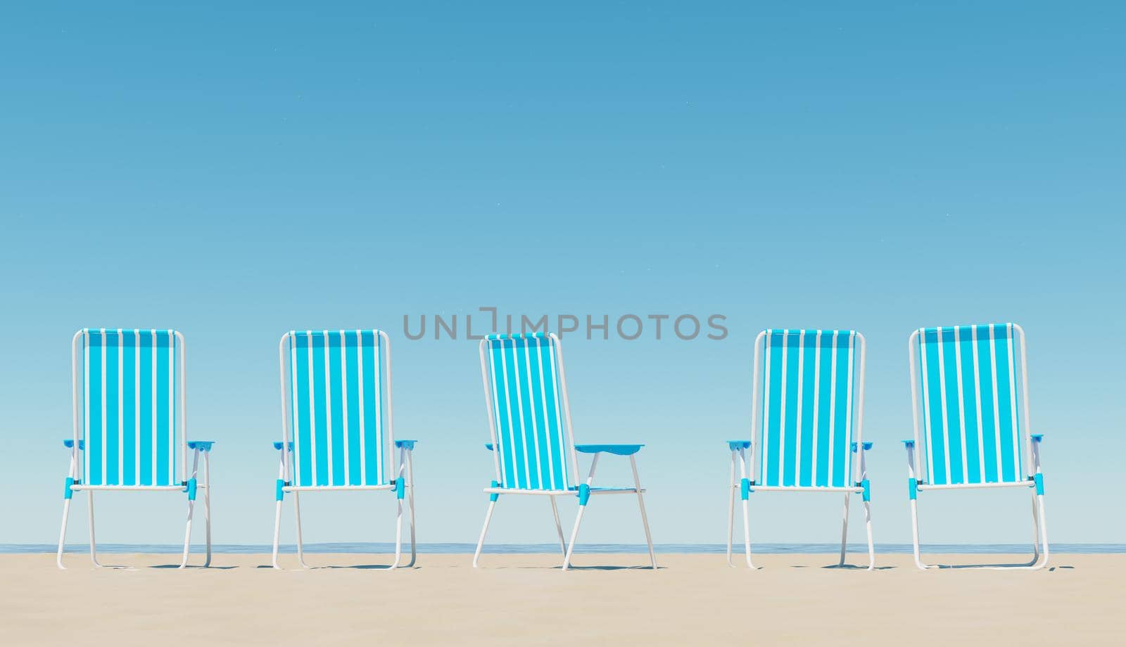 beach chairs on the sand with the sea in the background and clear sky. summer concept. 3d render