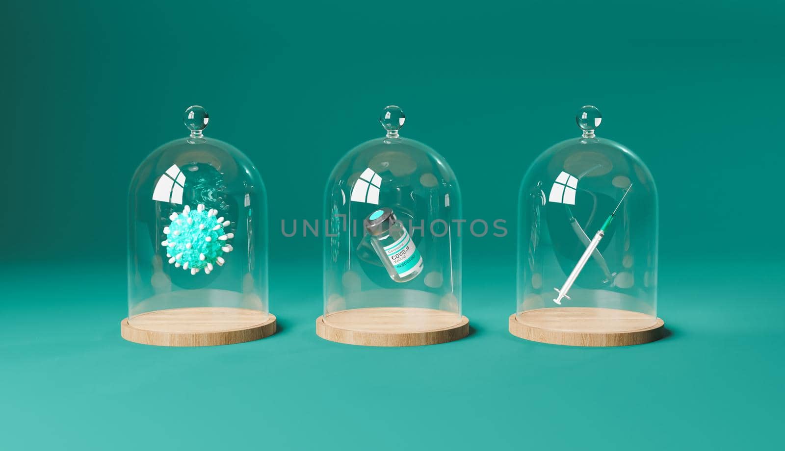 glass domes covering coronavirus vaccine, syringe and virus. covid-19 vaccination concept. 3d render