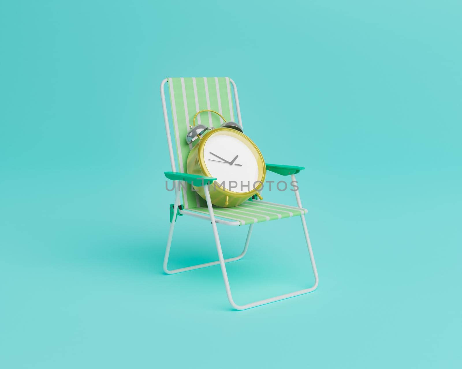 alarm clock sitting on a beach chair. minimal concept of vacation, summer time and patience. 3d render
