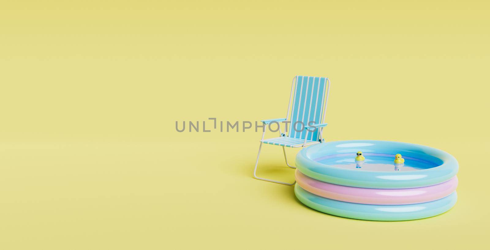 small inflatable pool with rubber ducks inside and outdoor chair next to it. minimalistic scene. children's summer concept. space for text. 3d render