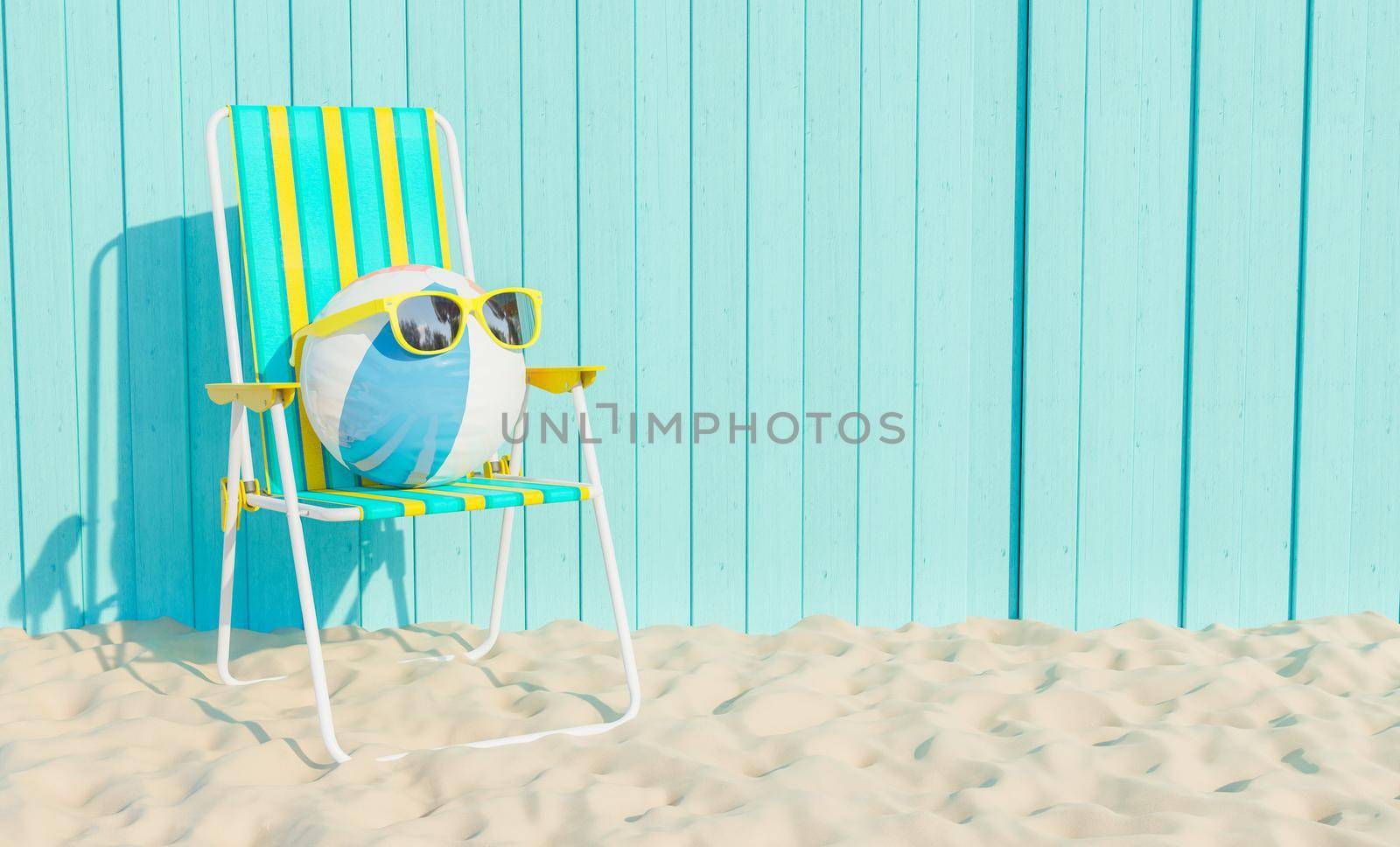 ball with sunglasses on top of a chair on beach sand with blue wooden wall and space for text. 3d render