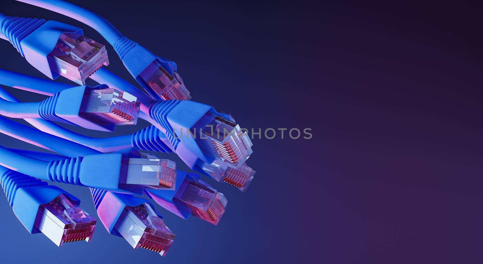 close up of ethernet cables on dark background with blue and red neon lighting. concept of connectivity, internet and technology. 3d render