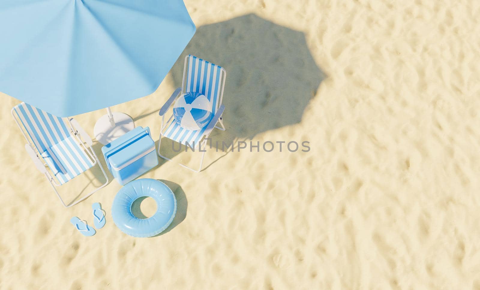 top view of chairs with umbrella and beach accessories on sand. summer vacation concept. 3d render