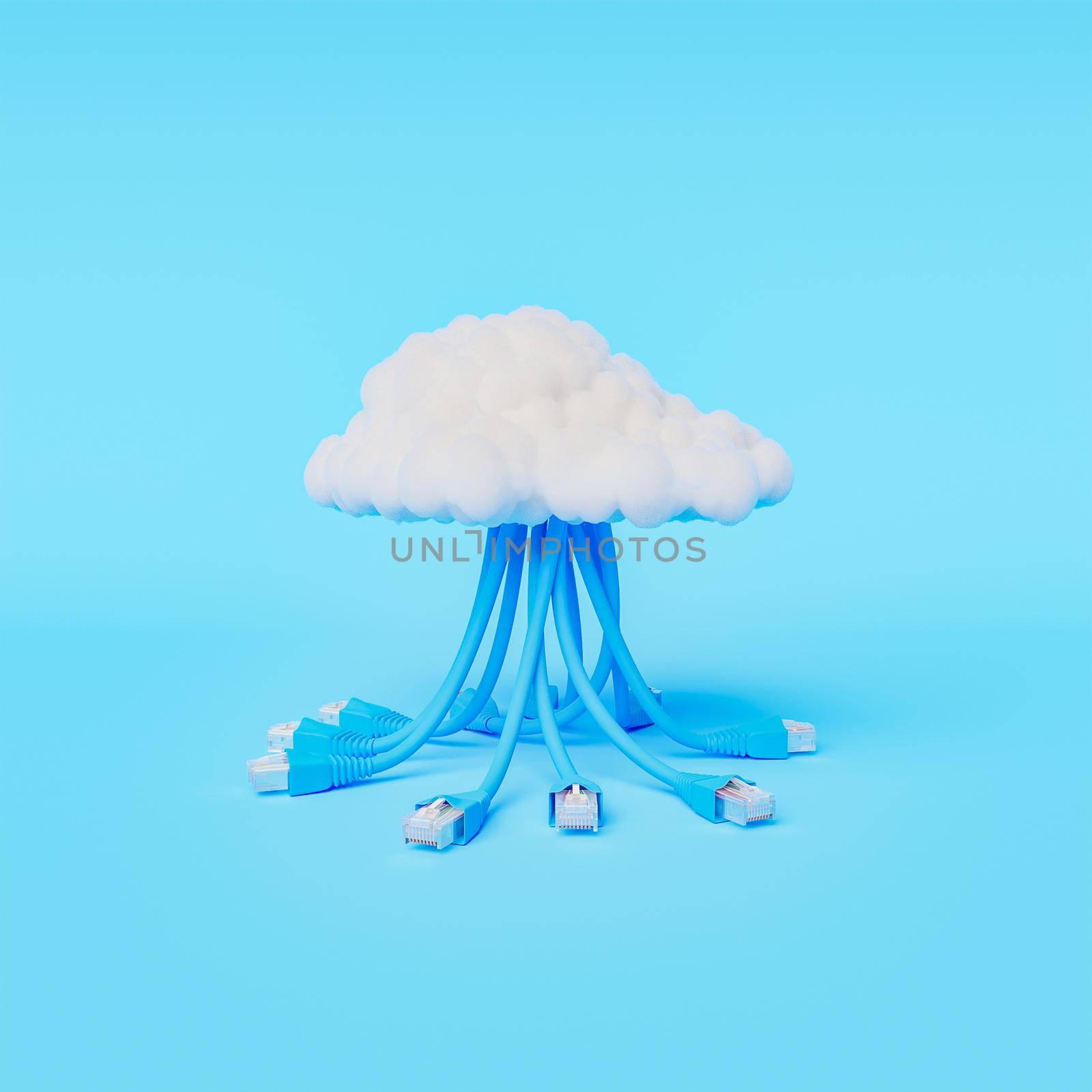 minimal concept of cloud connectivity. ethernet cables connected to a cloud on a blue background. 3d render