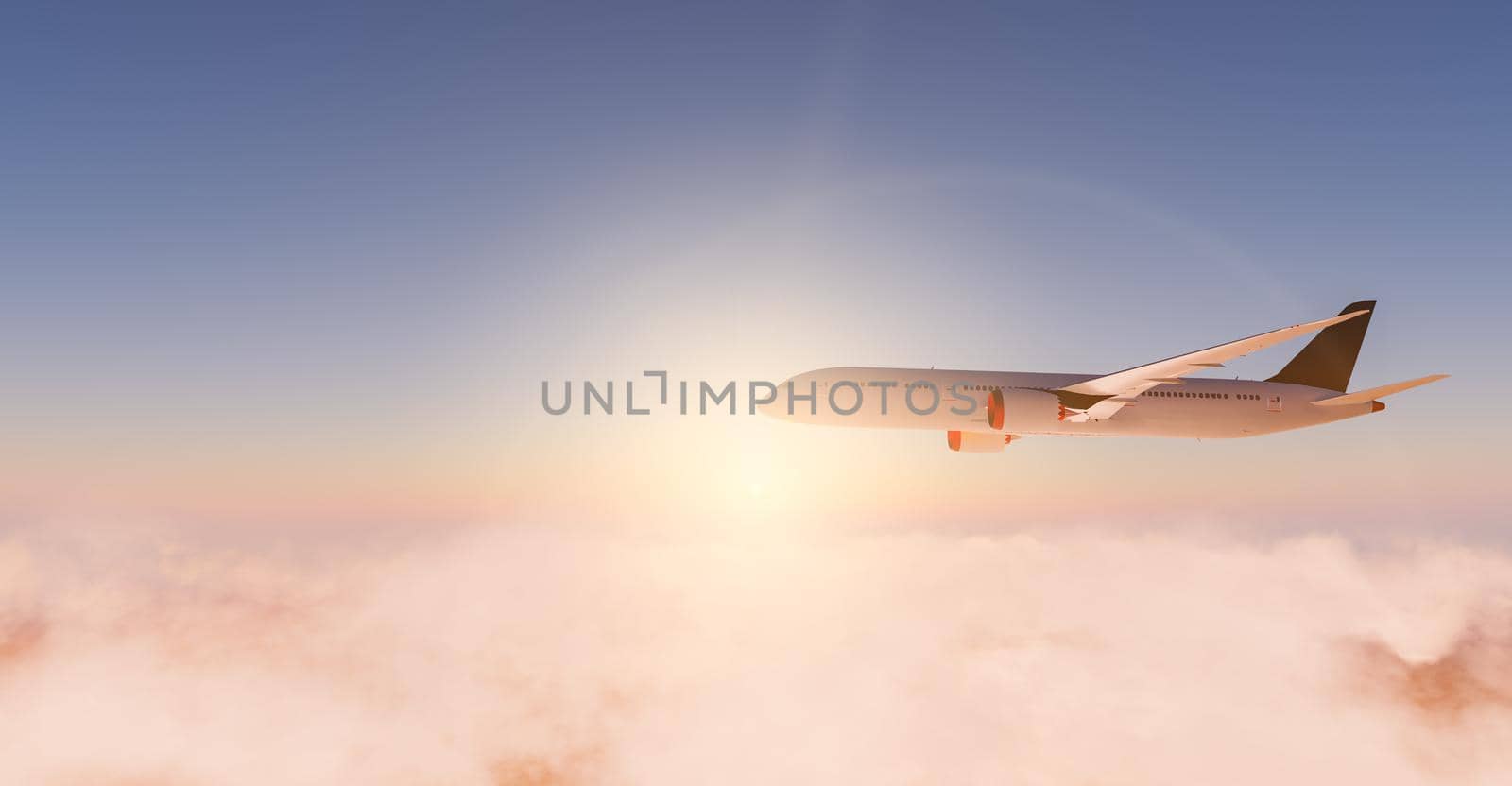 side view of a passenger plane flying over the clouds with a flare of the sun behind. travel and vacation concept. 3d render