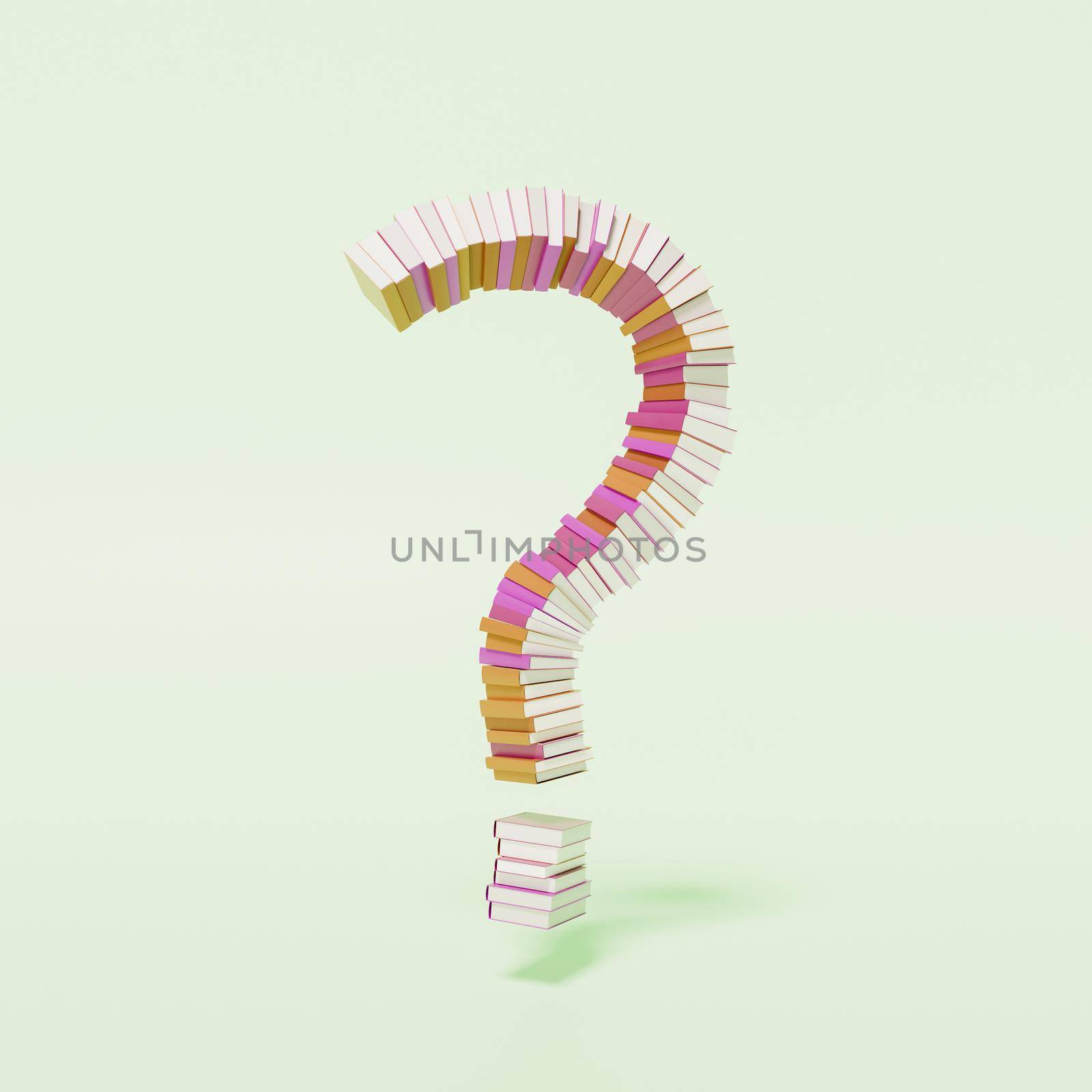 question mark with books stacked with pastel colors. 3d render