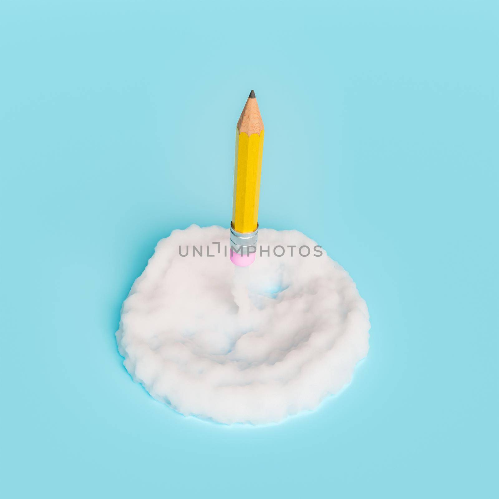pencil with smoke cloud below taking off from the ground in concept of creativity, learning and brainstorming. 3d render