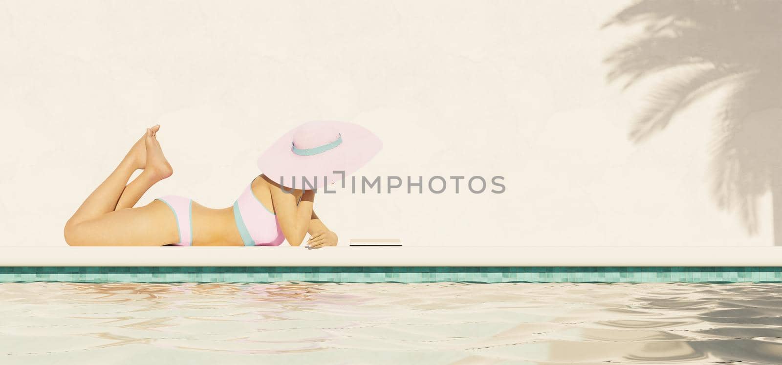 shot from the water of a swimming pool of a caucasian girl reading a book by asolano