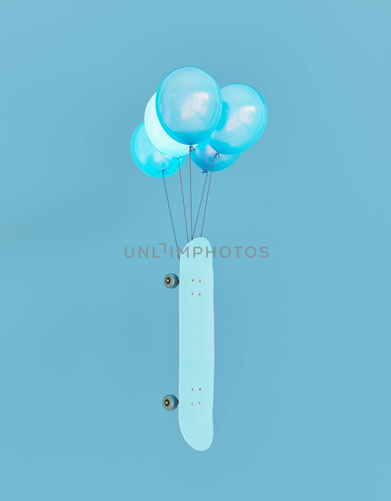 abstract scene of a skateboard suspended in the air attached to blue balloons. 3d render