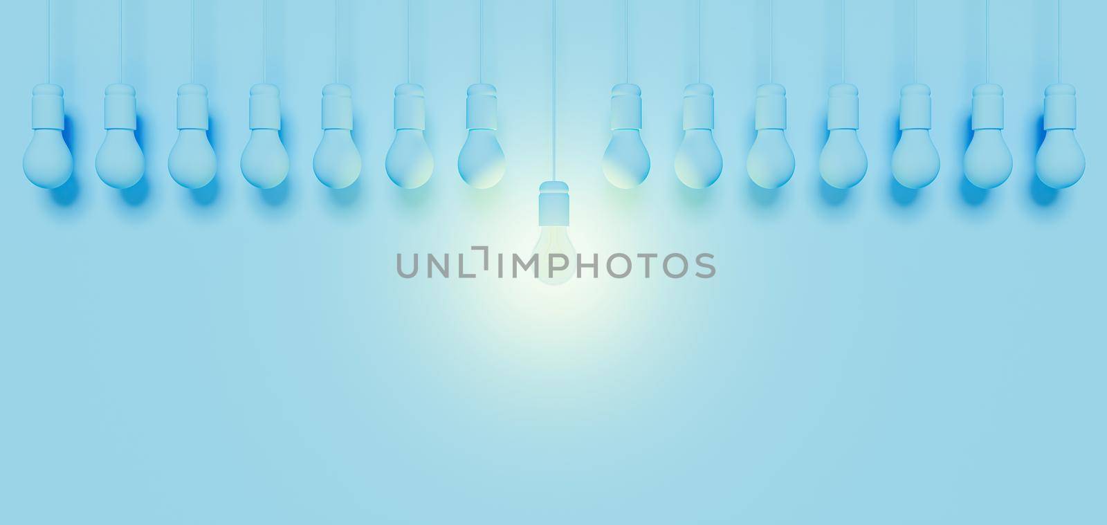 monochromatic banner with a line of blue bulbs and a central one illuminated with glass. 3d rendering