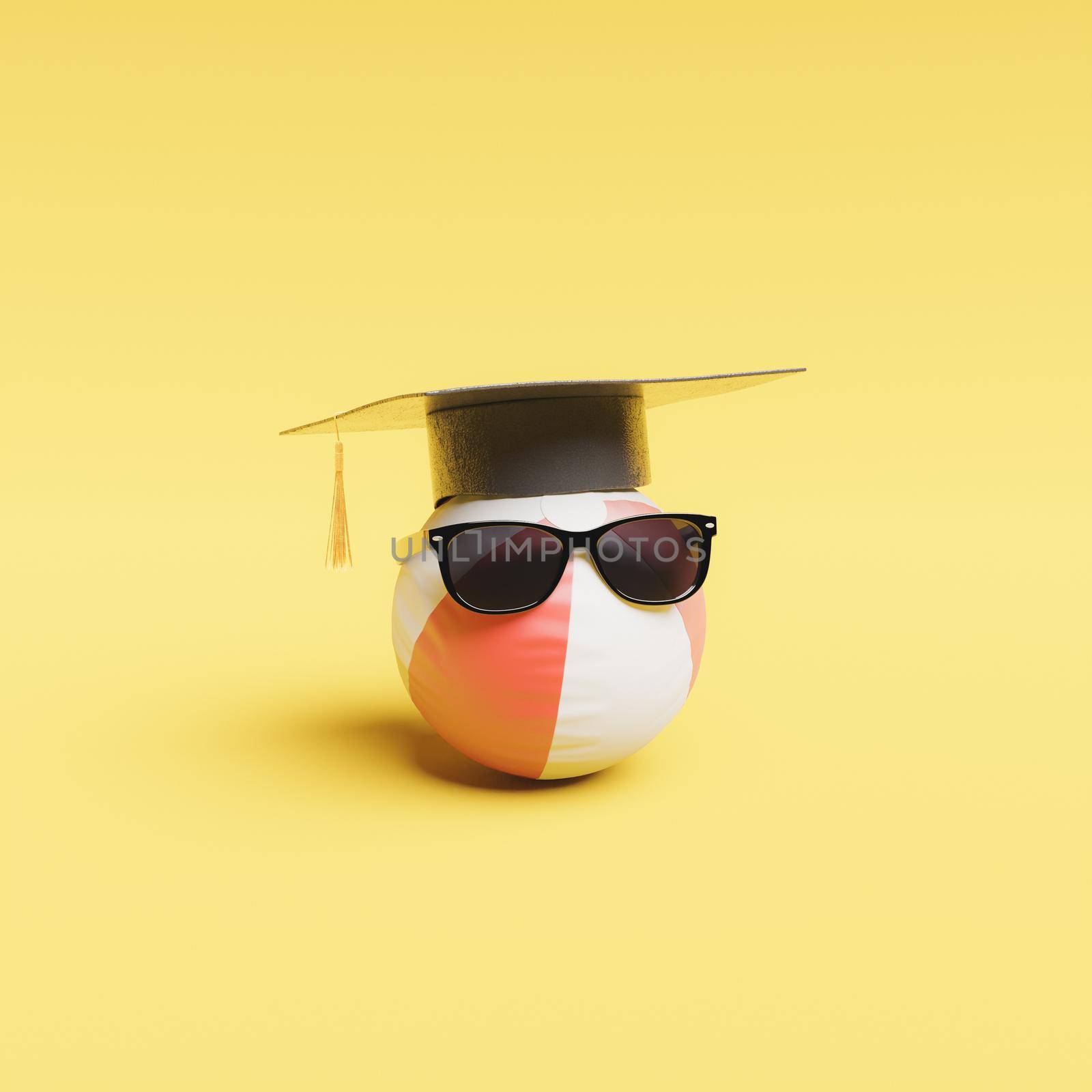 beach ball with sunglasses and graduation hat on yellow background. minimalistic scene. student vacation concept. 3d render