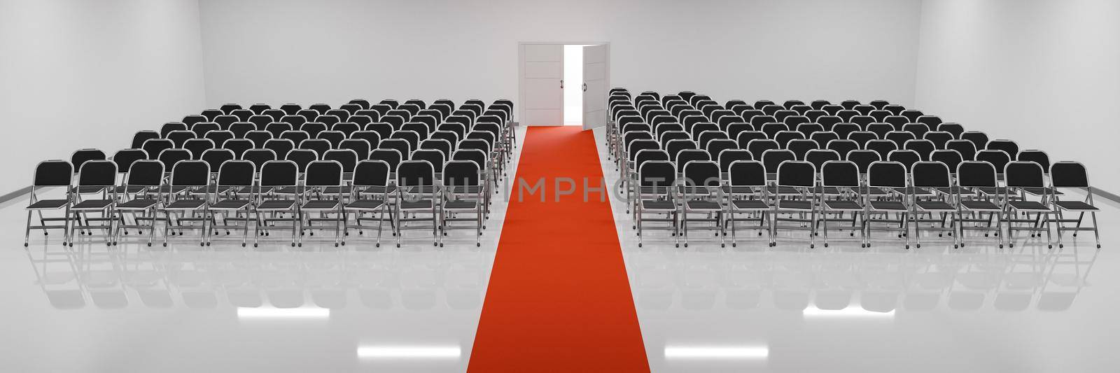 conference room full of chairs with a red carpet in the middle and a door at the back. 3d illustration