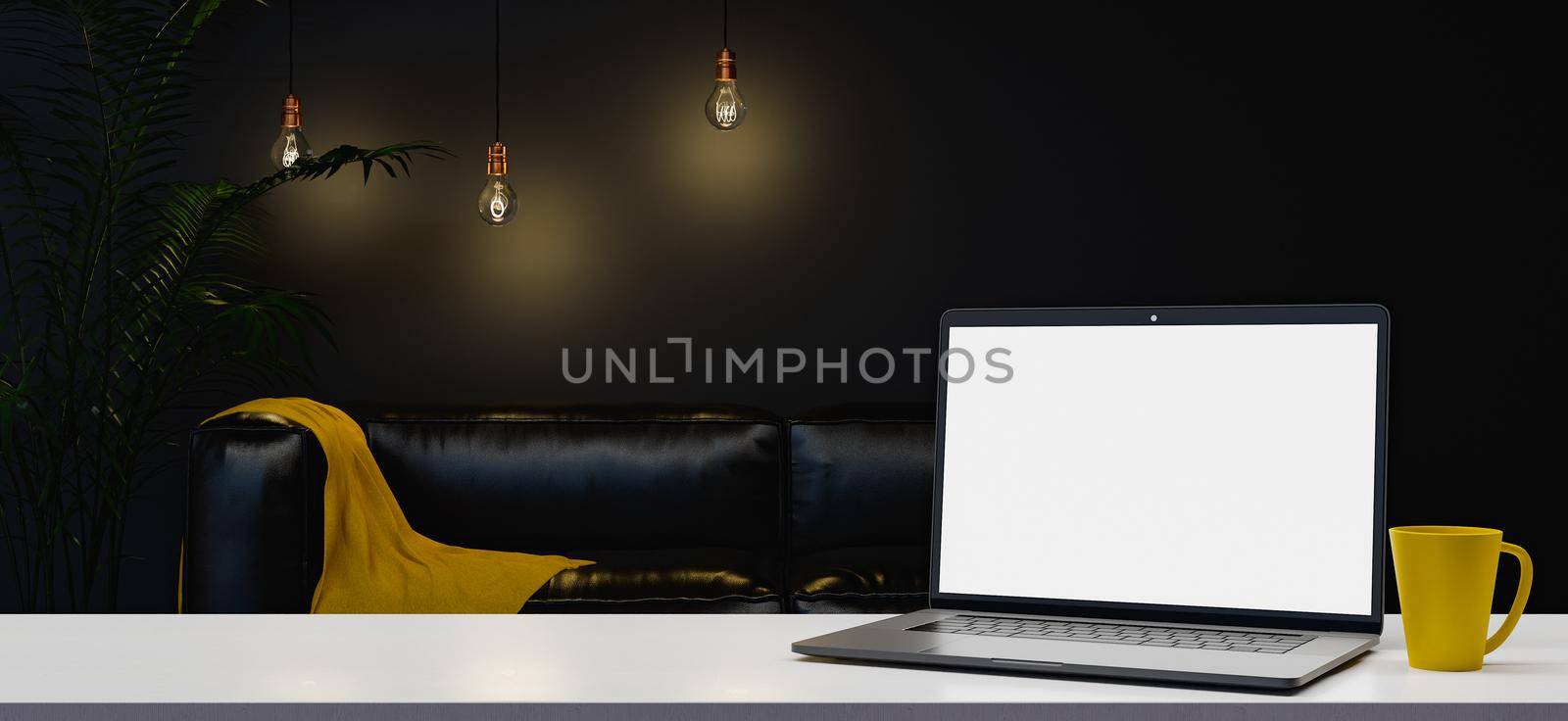 mockup of laptop on empty table with a dark and elegant room behind. concept of work and education at home, office and workspace. 3d render