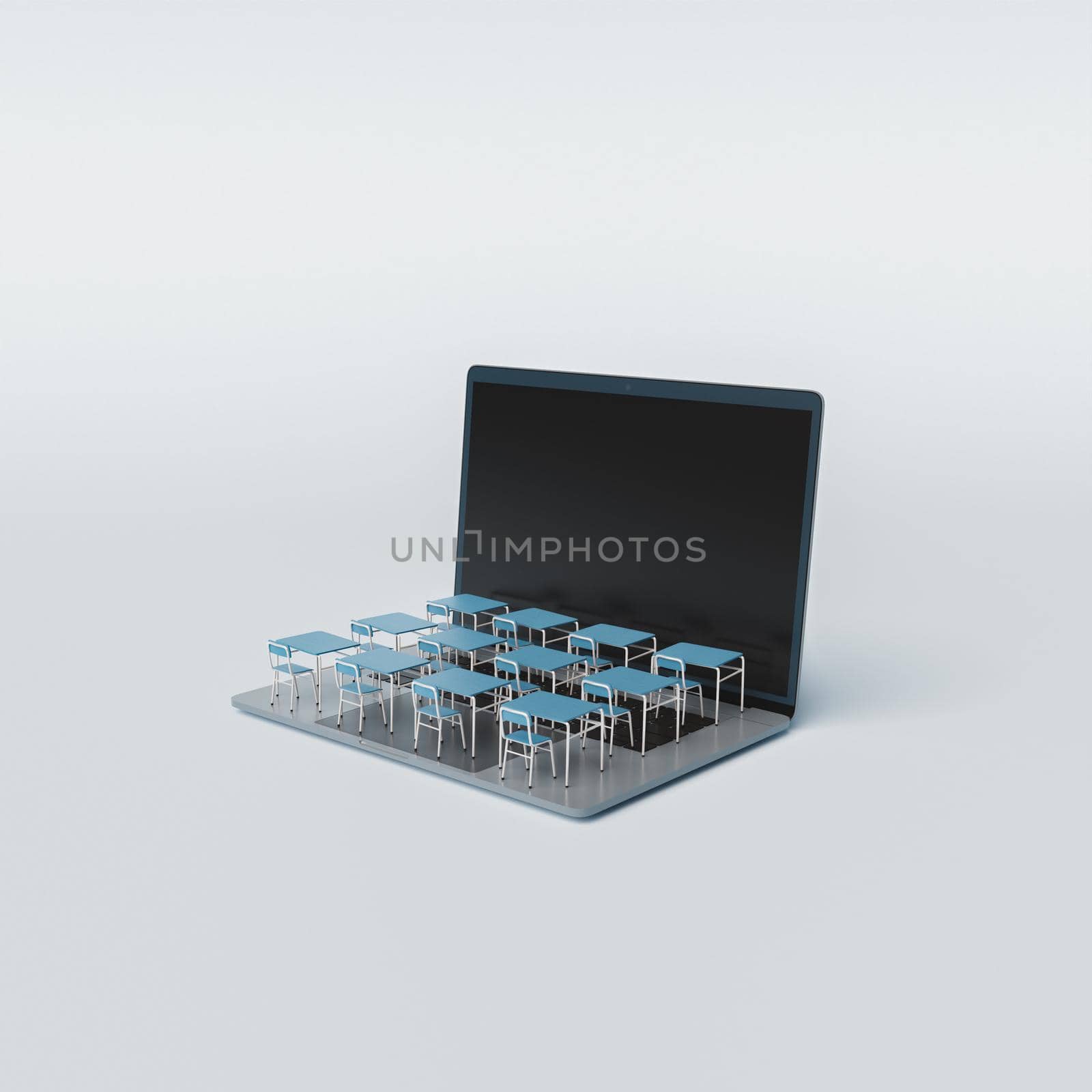 school desks on laptop in minimal concept of virtual classroom, online classes and distance education. 3d render