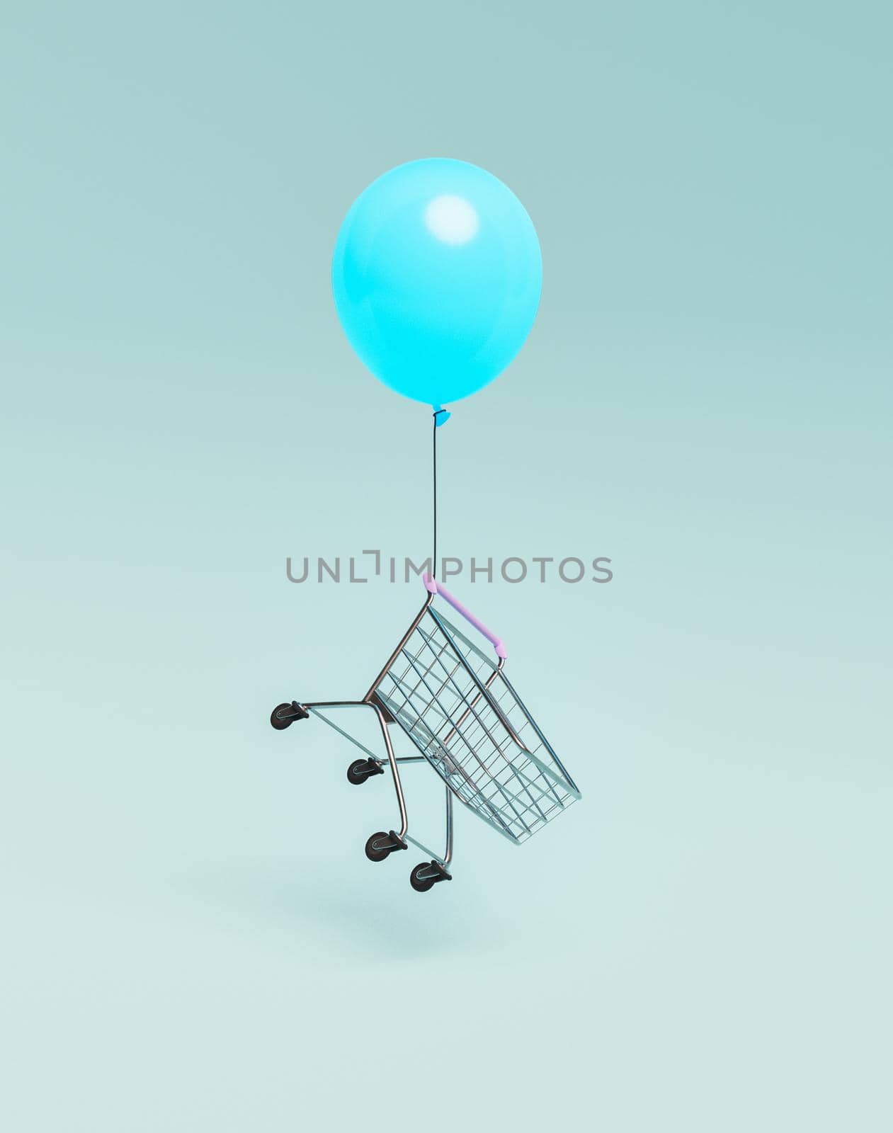 floating shopping cart held by a blue balloon. minimal concept. offers, sales. 3d render