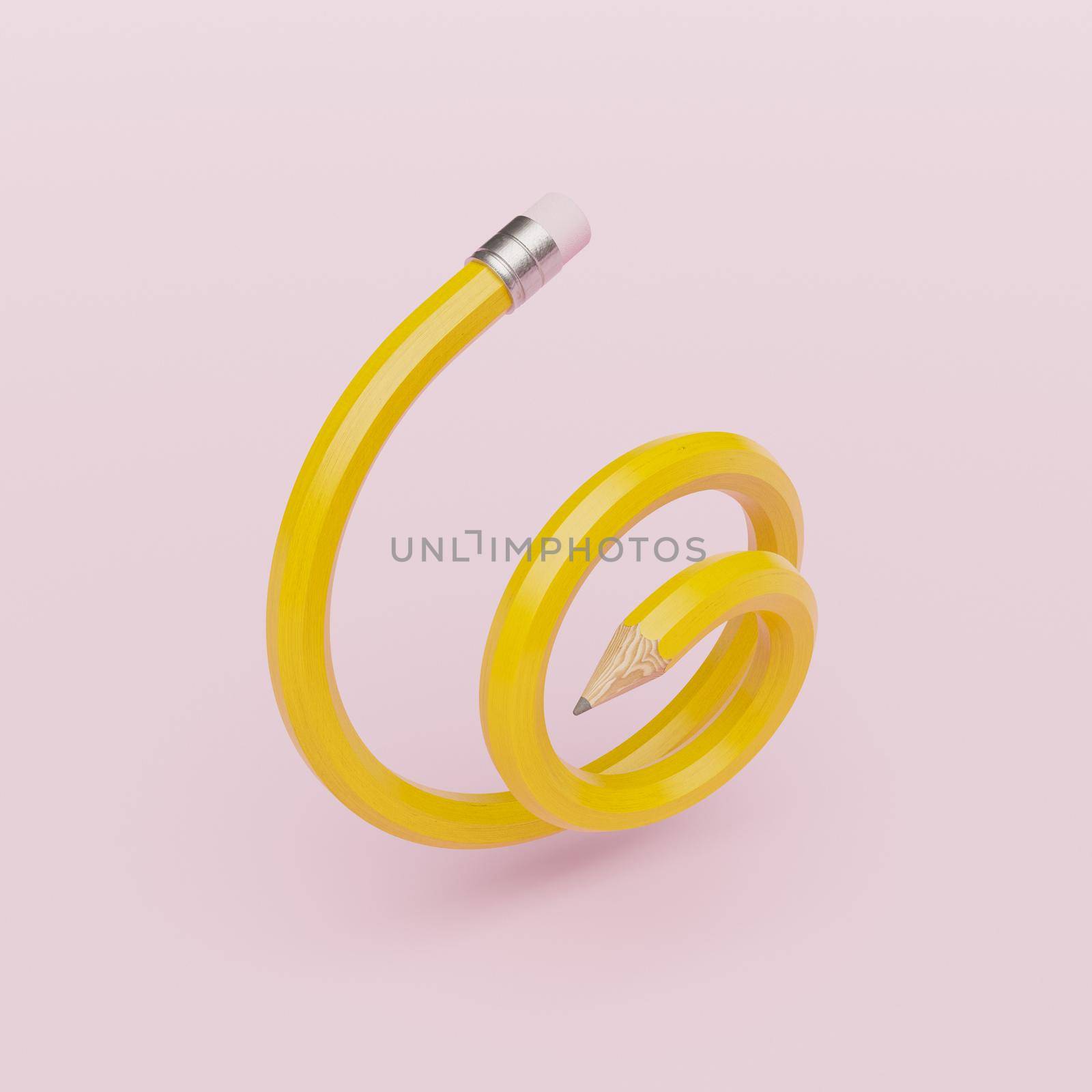 yellow pencil in spiral shape in concept of creativity and education. minimalist abstract scene. 3d render