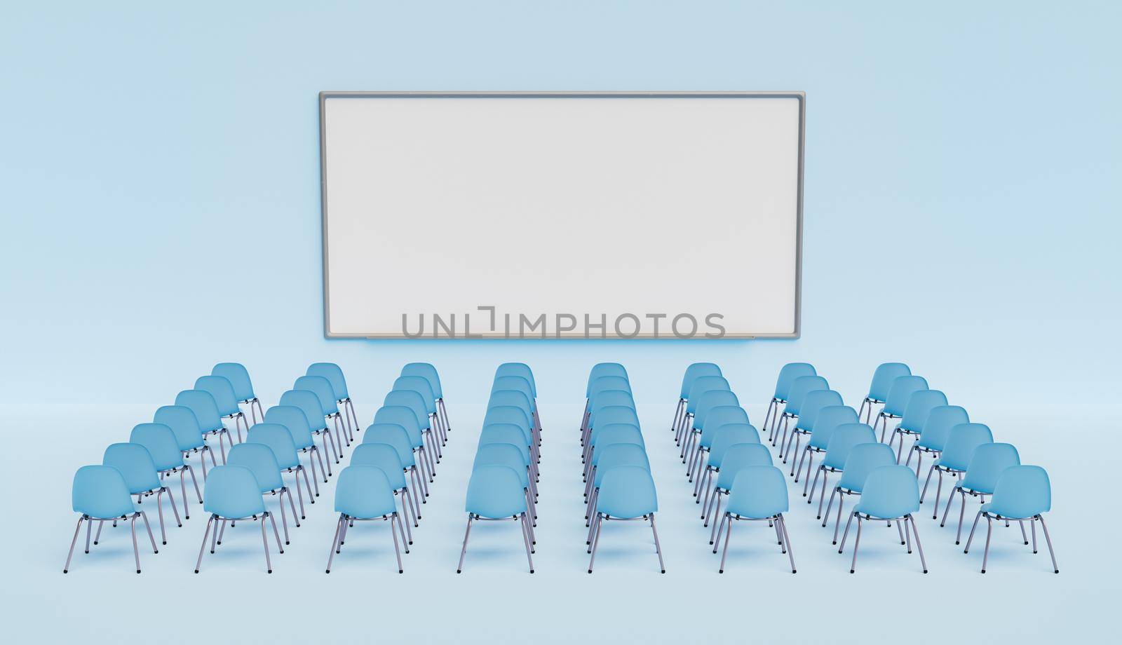 white board with chairs lined up in front of it in an abstract scene. education concept. 3d render