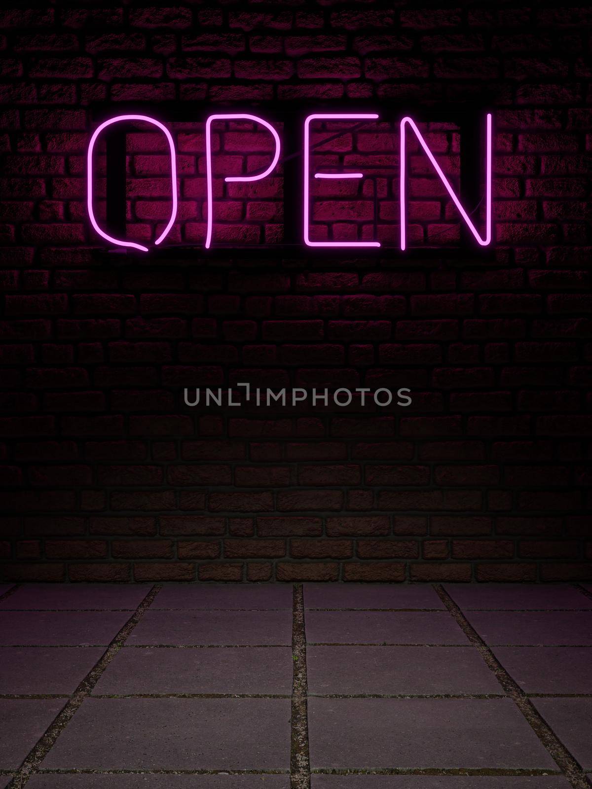3d representation of a neon sign with the word "open" in pink light on a brick wall and gray slab floor