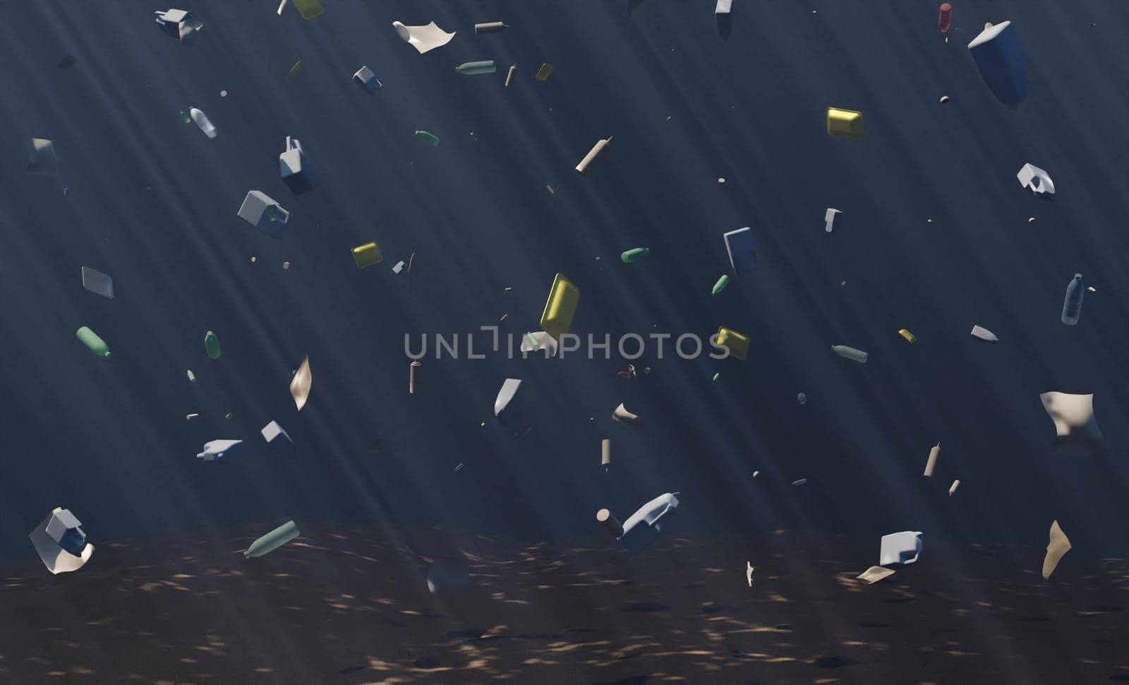 deep ocean with a lot of floating garbage. climate change. 3d render