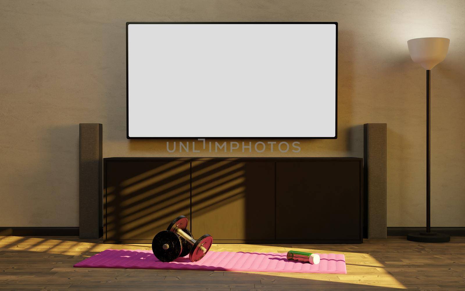 mockup of a television at home with a small makeshift gym with pink mat and dumbbells. 3d render