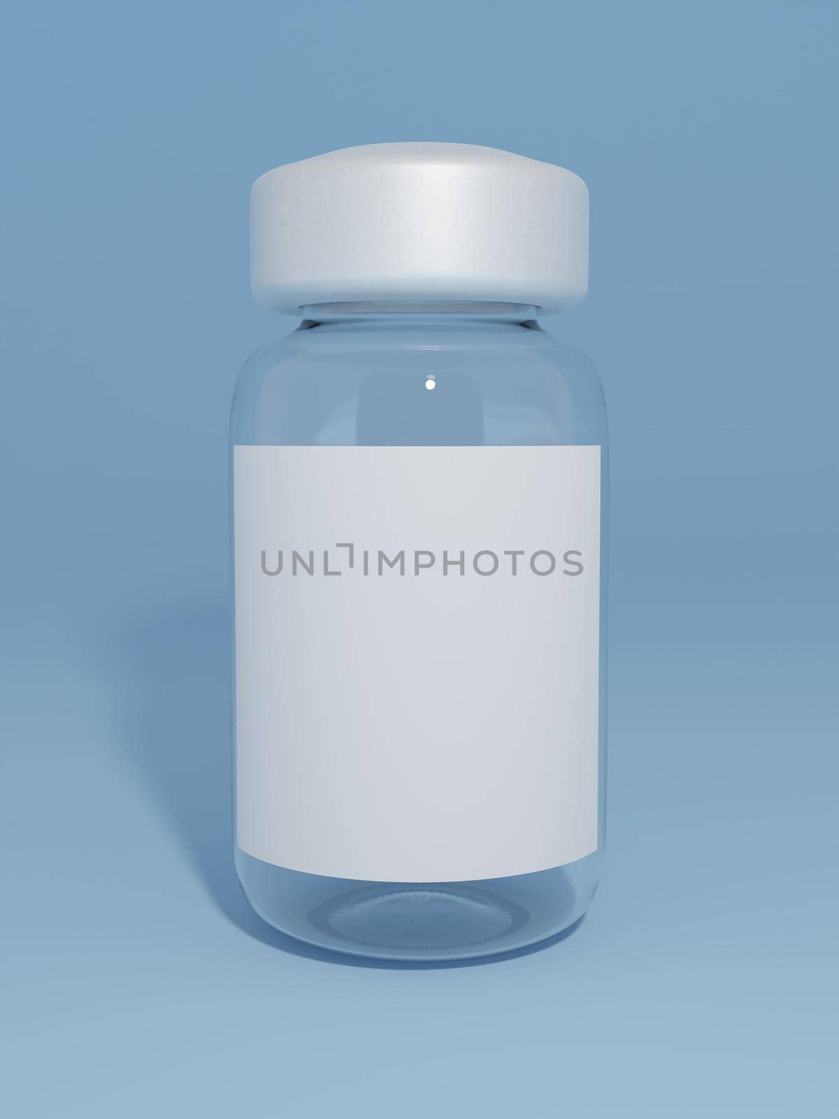 mockup of a vaccine vial on blue background with shadow behind it. 3d render