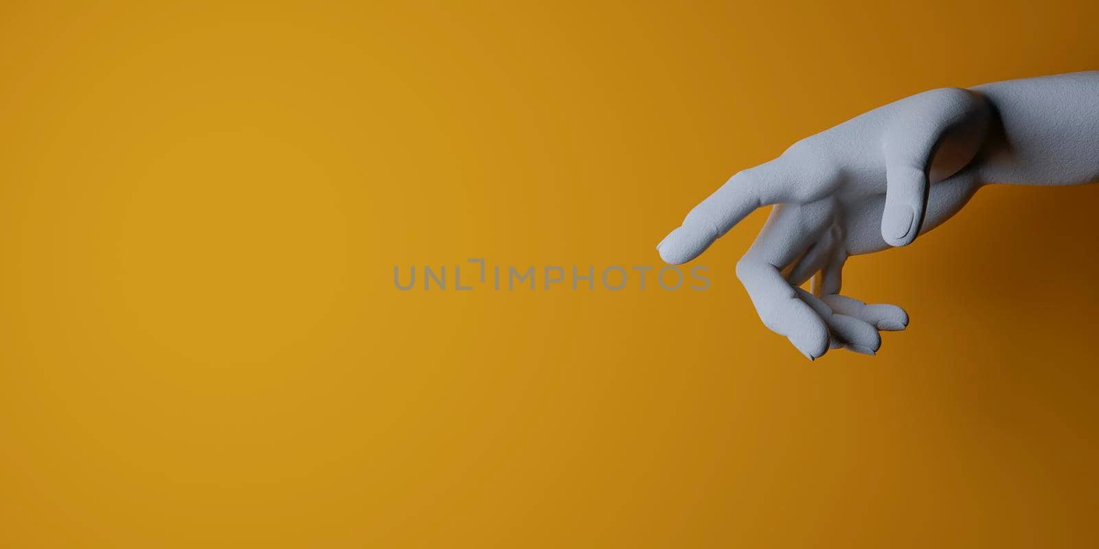 white plaster hand pointing to the center of the image with yellow background and space for text. 3d render