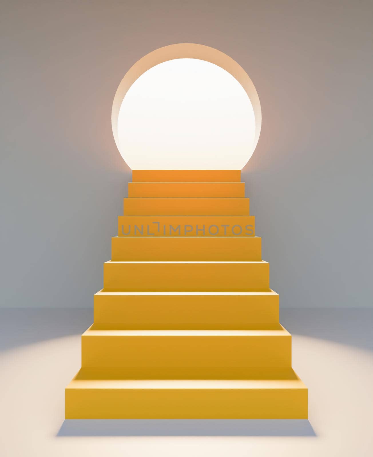 abstract yellow stairs in front with a round door illuminated with sun glare. product presentation. 3d render