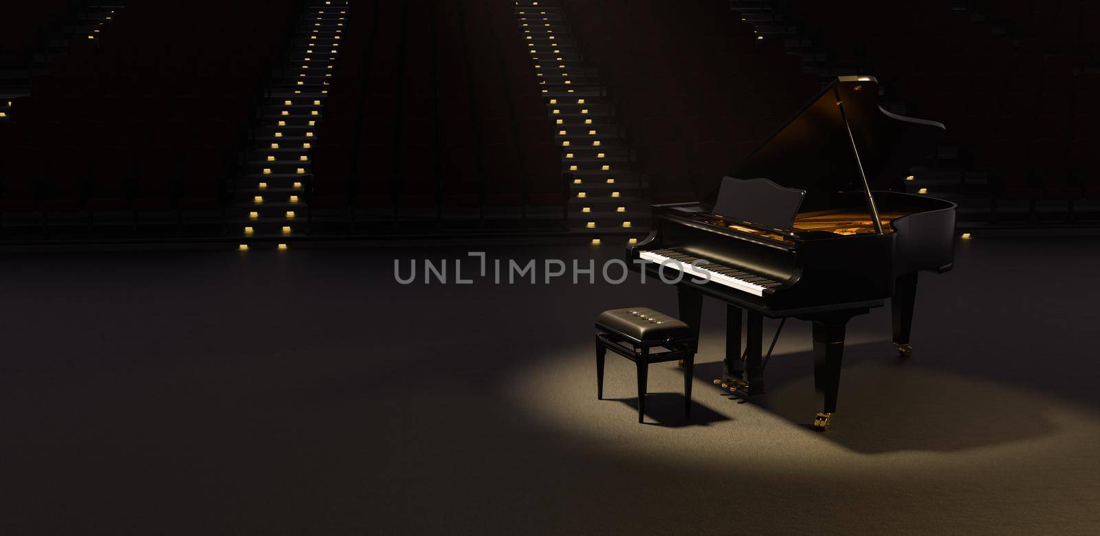 grand piano illuminated by a spotlight in a theater with many seats behind with illuminated stairs. 3d render