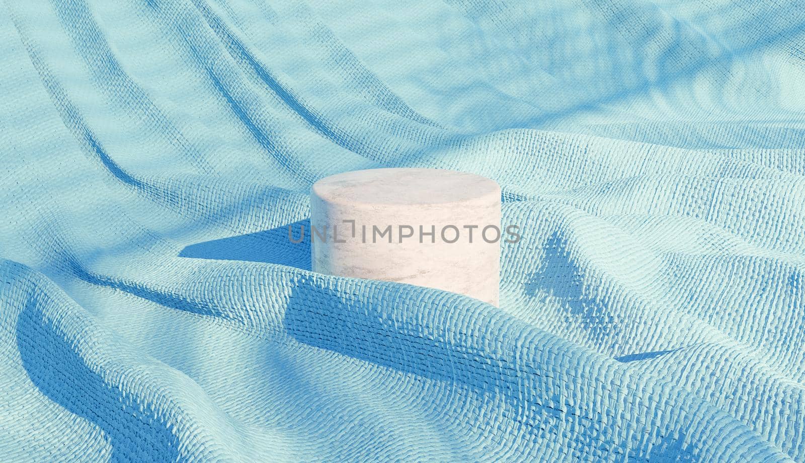 marble cylindrical product podium on blue wrinkled fabric with shadows of a shutter. 3d render