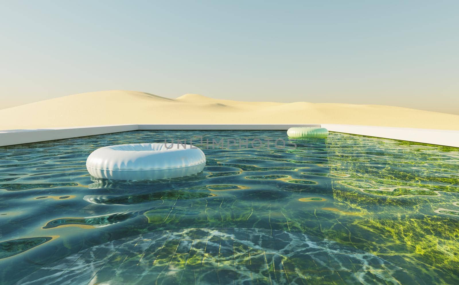 green background pool in a dune desert with clear sky and floats in the water. 3d render