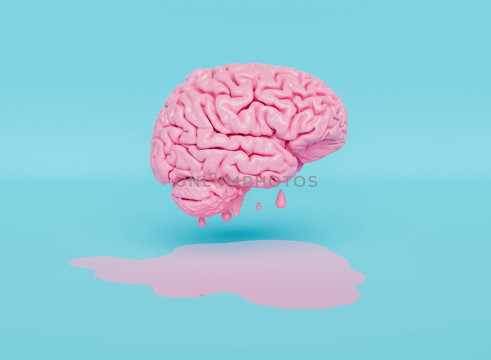 floating pink brain melting on charcoal and pastel blue background. 3d rendering