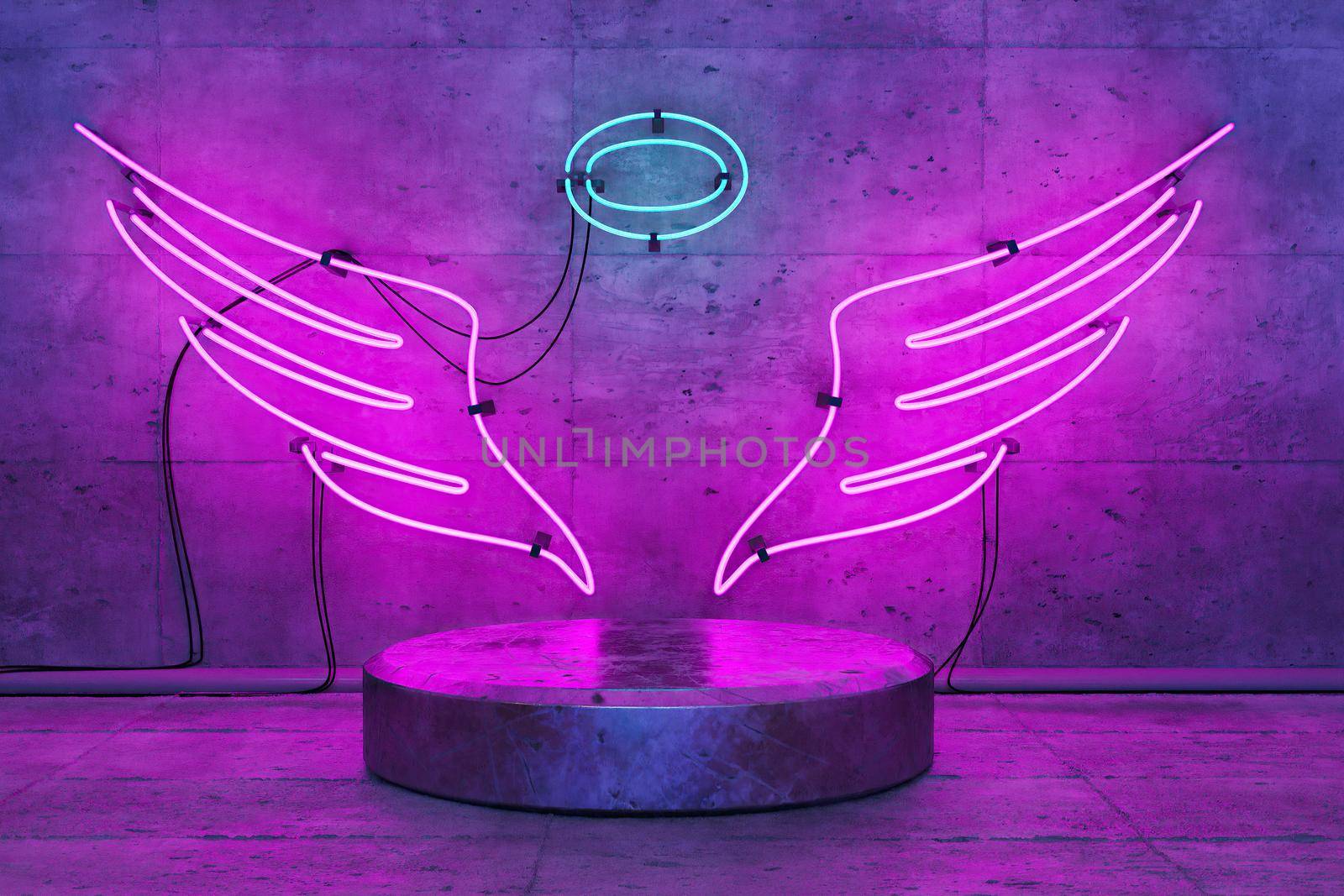 angel shaped neon lamp with base for product display. 3d rendering