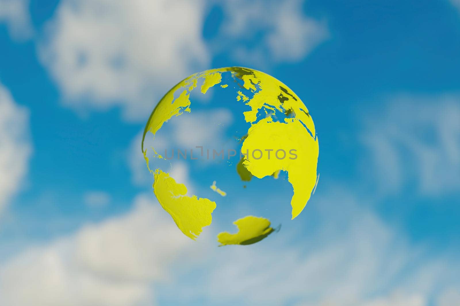 green transparent planet earth with blurred cloudy sky background. environment concept. 3d rendering