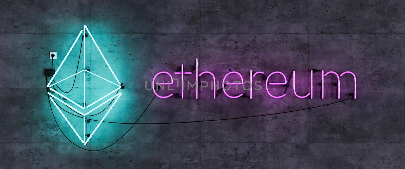 neon lamp headboard with ethereum symbol. cryptocurrency. lettering. 3d rendering