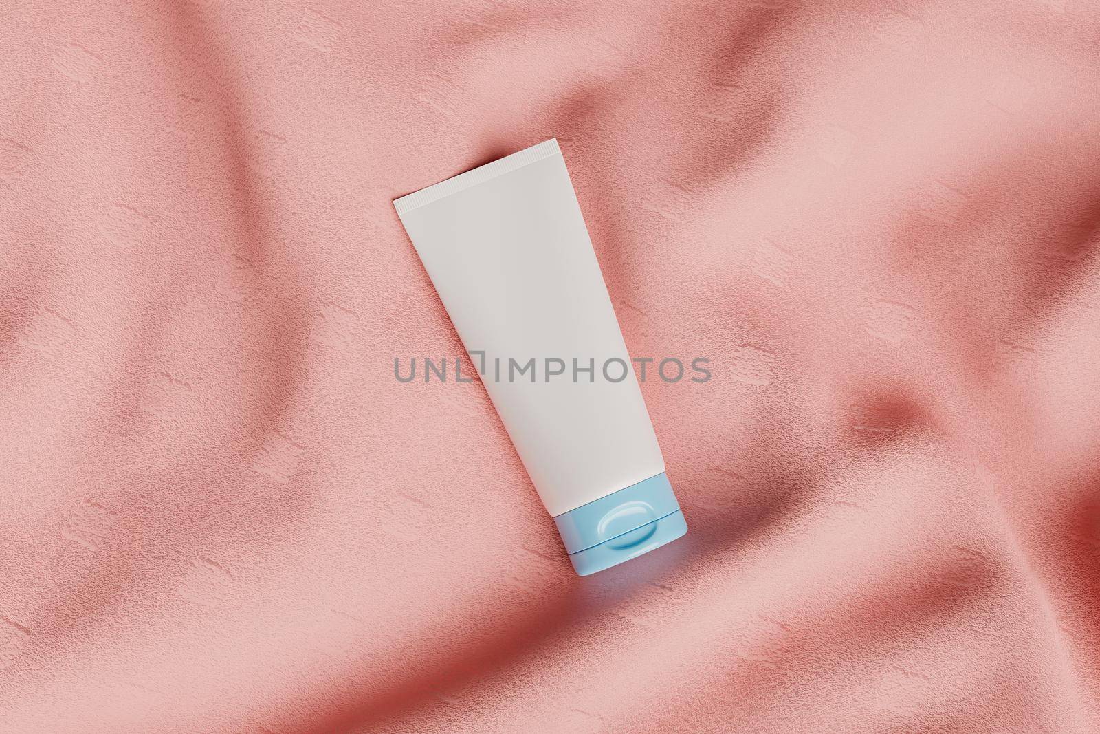 cosmetic cream jar on pink wrinkled fabric. mockup. by asolano