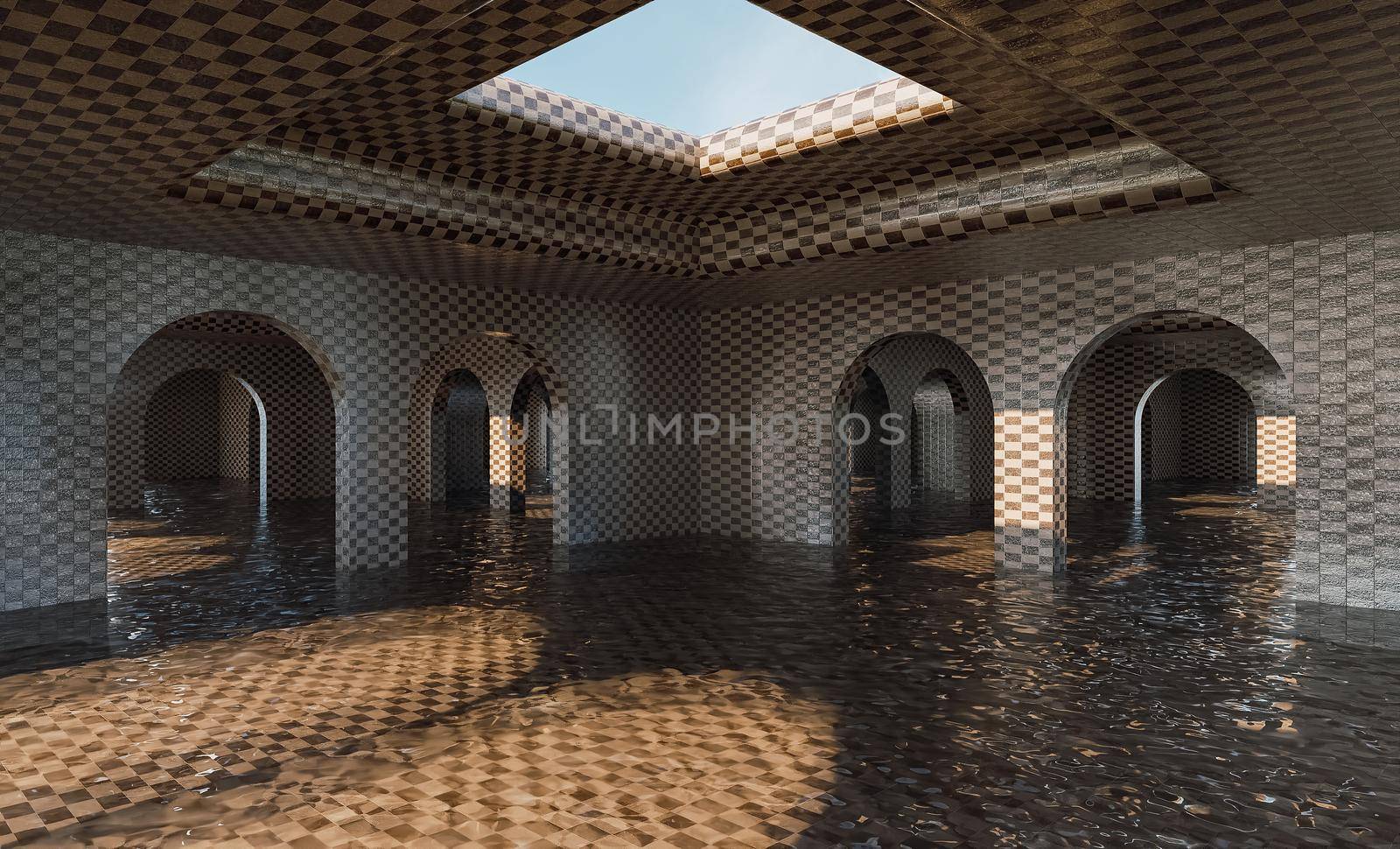 flooded gallery of arches with tile texture and hole in the ceiling. 3d rendering