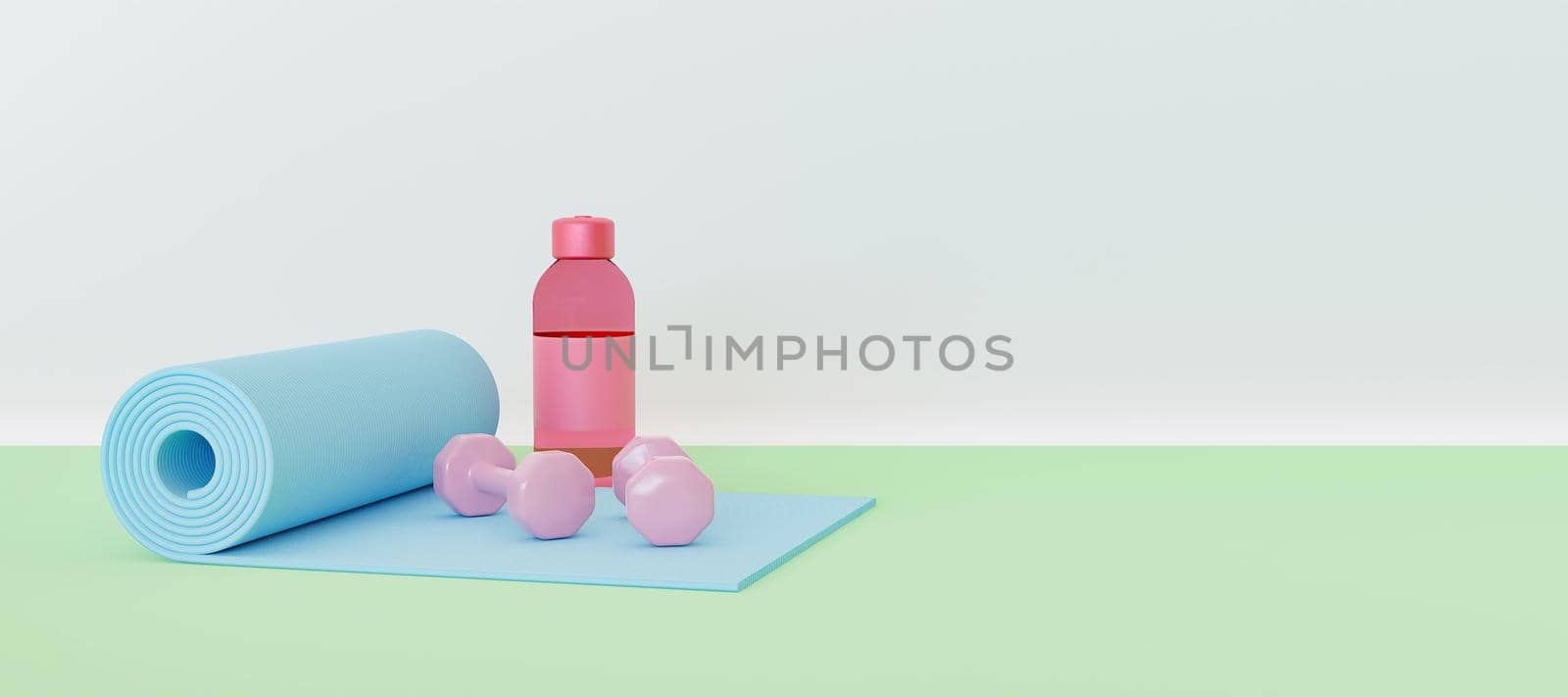 exercise mat with dumbbells and water bottle with space for text by asolano