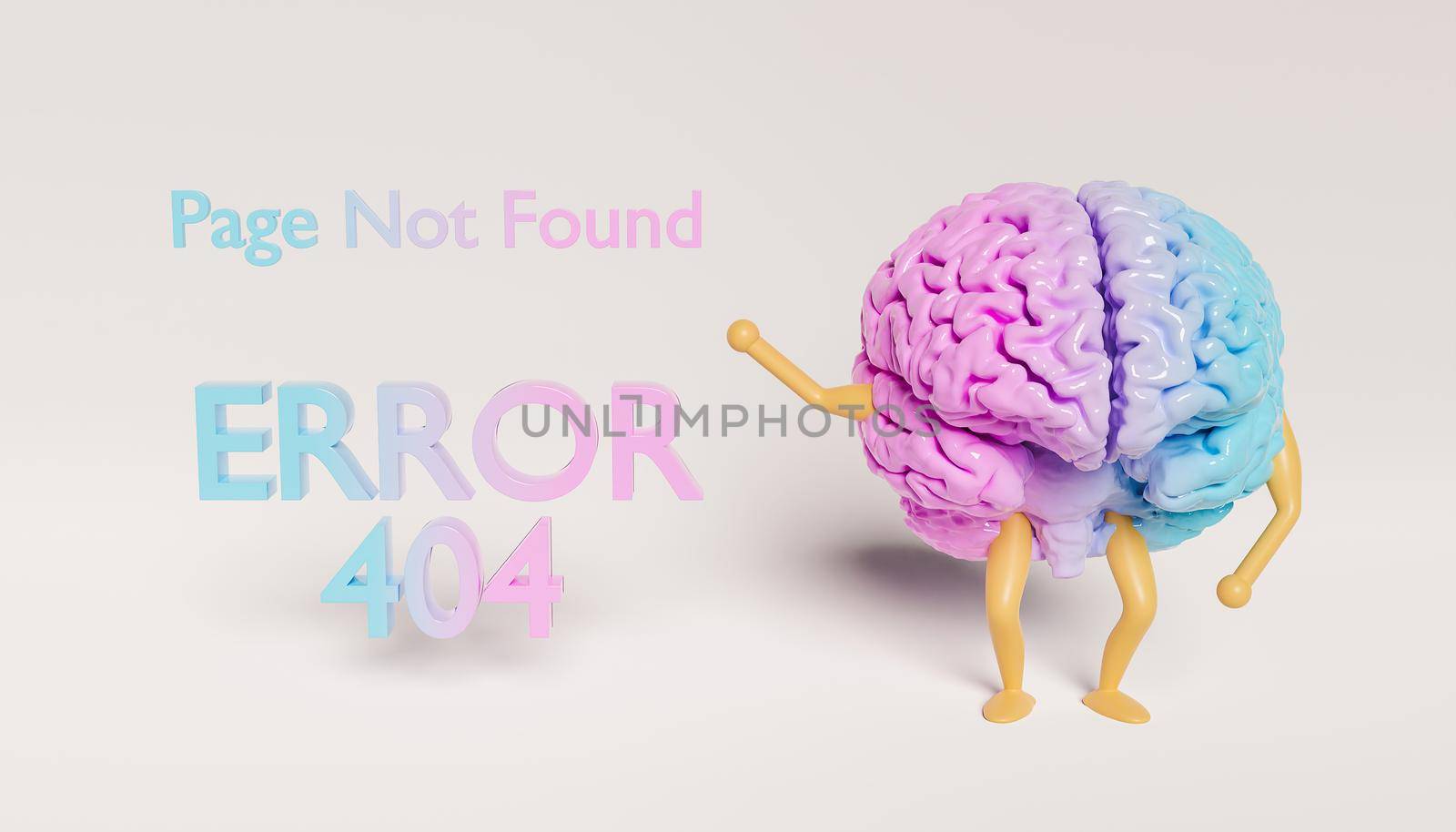 brain with arms and legs showing an ERROR 404 sign. gradient pastel color. for web design. 3d rendering