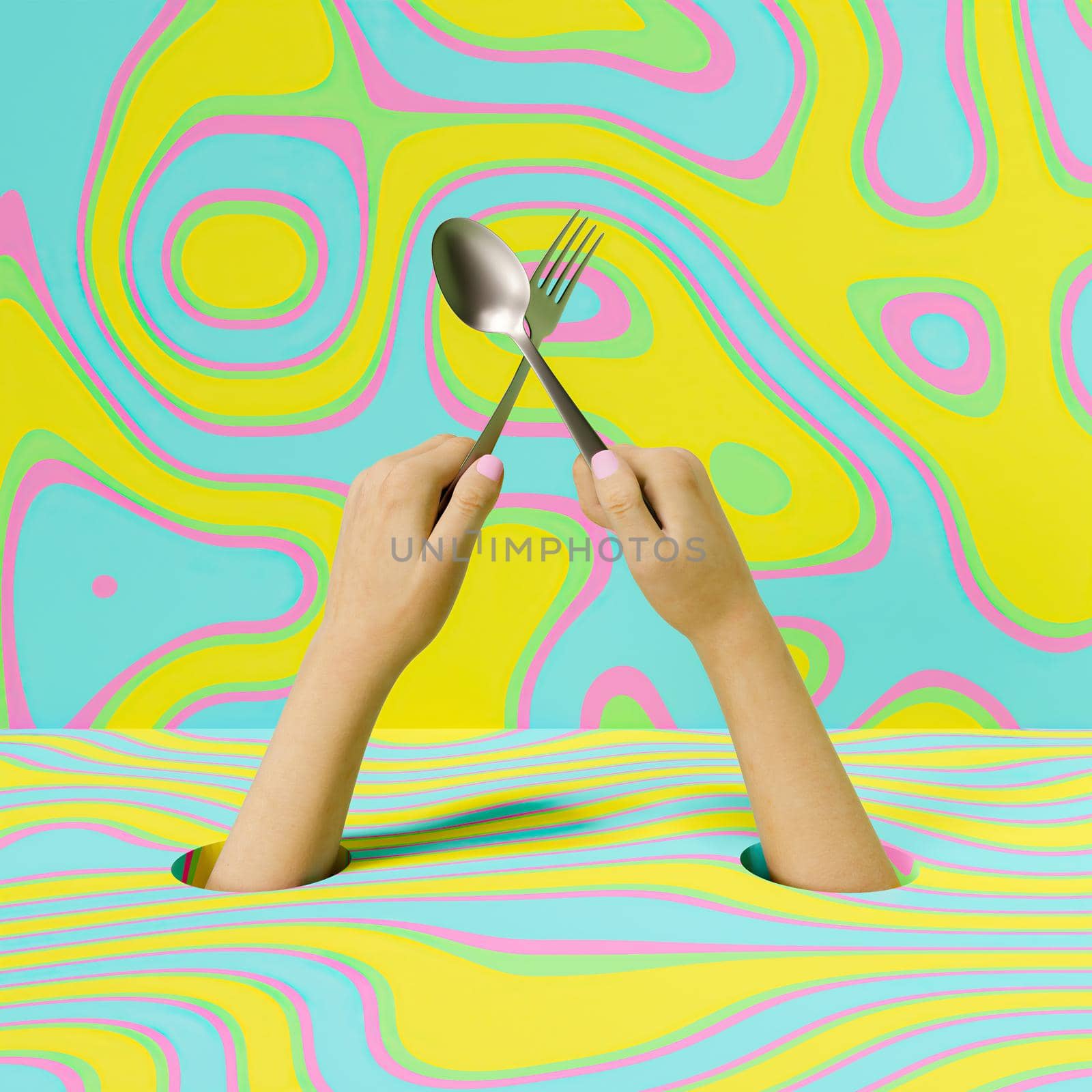 woman's hands coming out of the ground holding a spoon and fork in cross with colorful background. 3d rendering