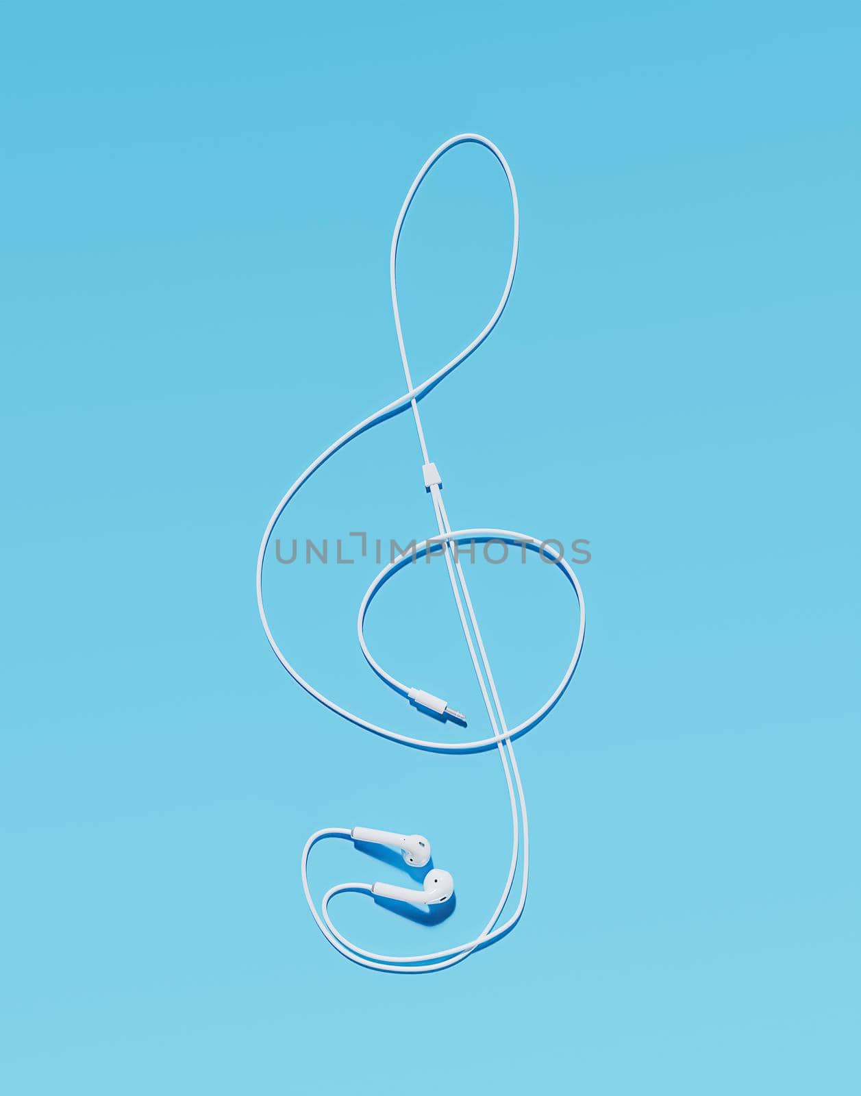 headphones with cable making the shape of the treble clef on blue background. 3d rendering