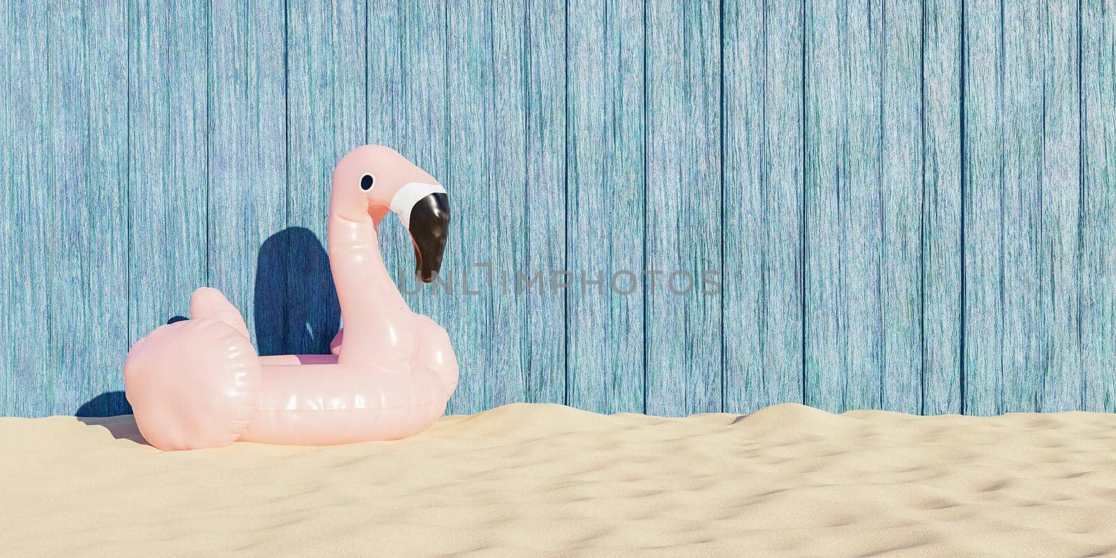 flamingo swimming float on beach sand and blue wooden hut background. summer concept. 3d render