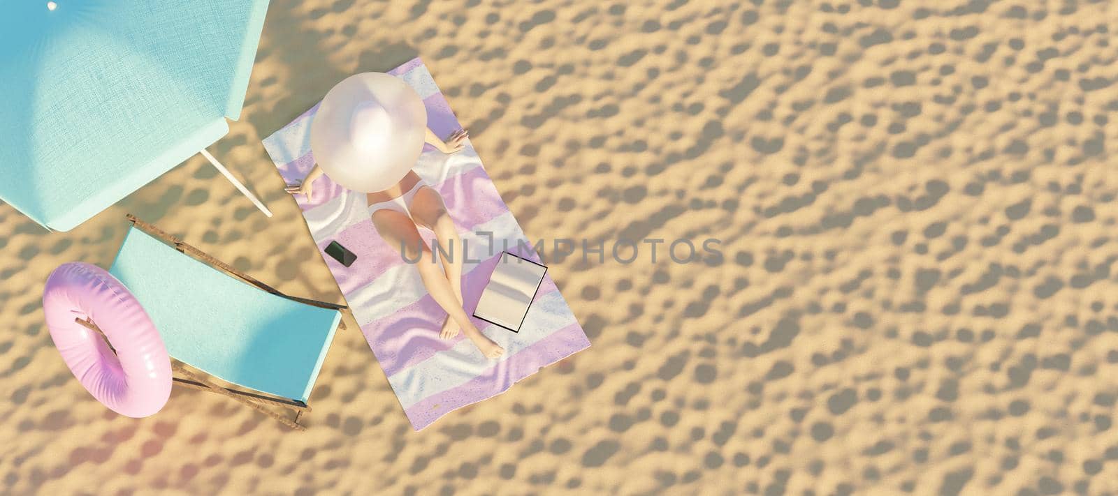 woman on a towel on the sand of the beach with hammock and parasol. top shot. summer time. copy space. 3d render