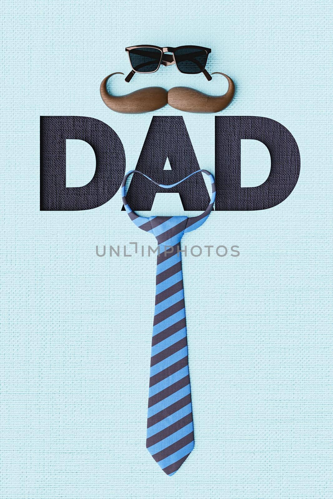 fabric background with the word DAD and tie with mustache and sunglasses. father's day. 3d render