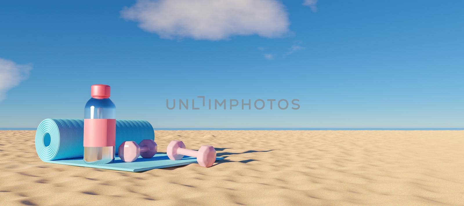 exercise mat with water bottle and weights on the beach sand with the sea in the background. copy space. 3d render