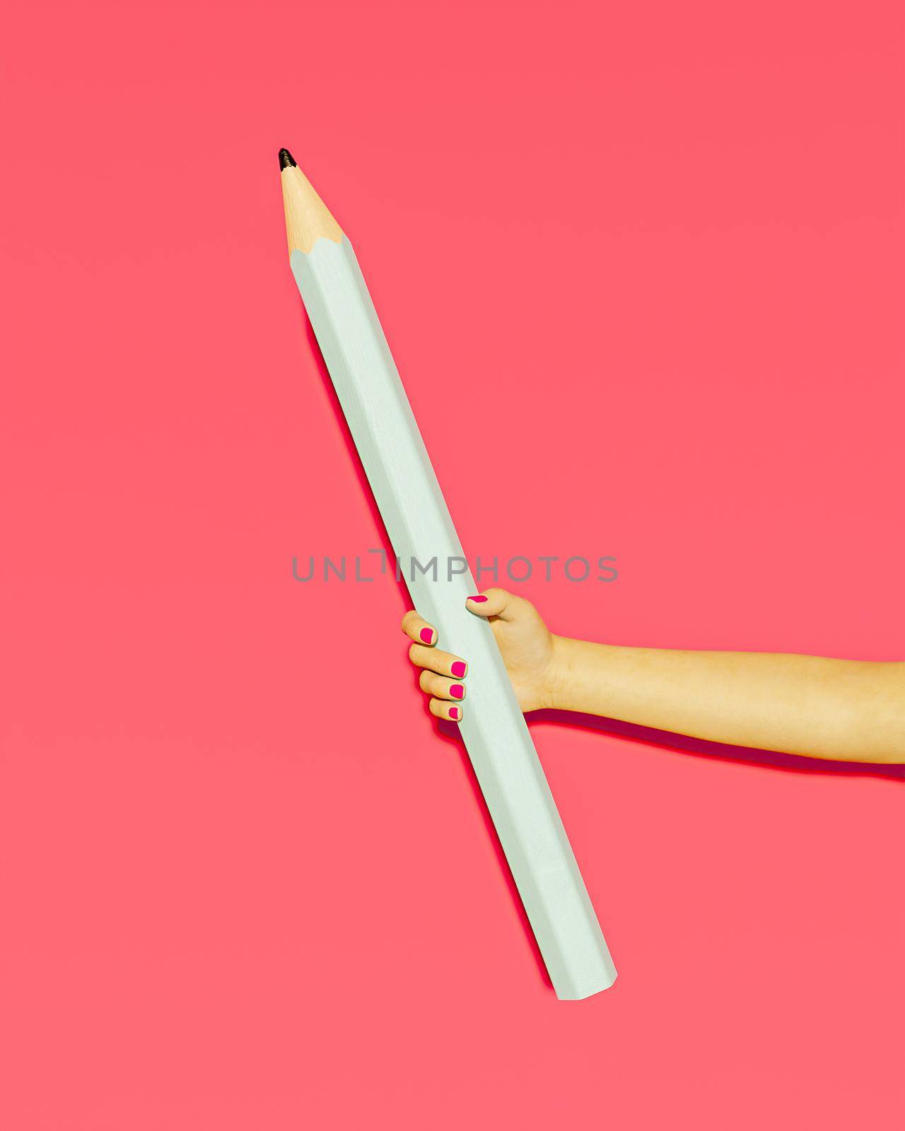 giant blue pencil held by a female hand with pink nails and pink background. 3d render