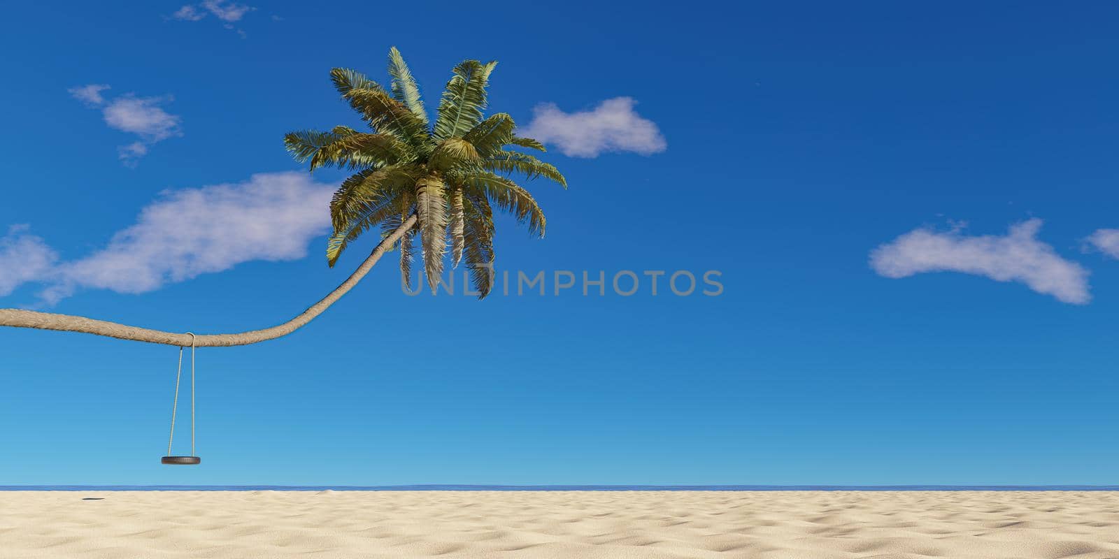 bent palm tree on the beach with hanging tire swing with the sea in the background. summer time . 3d render