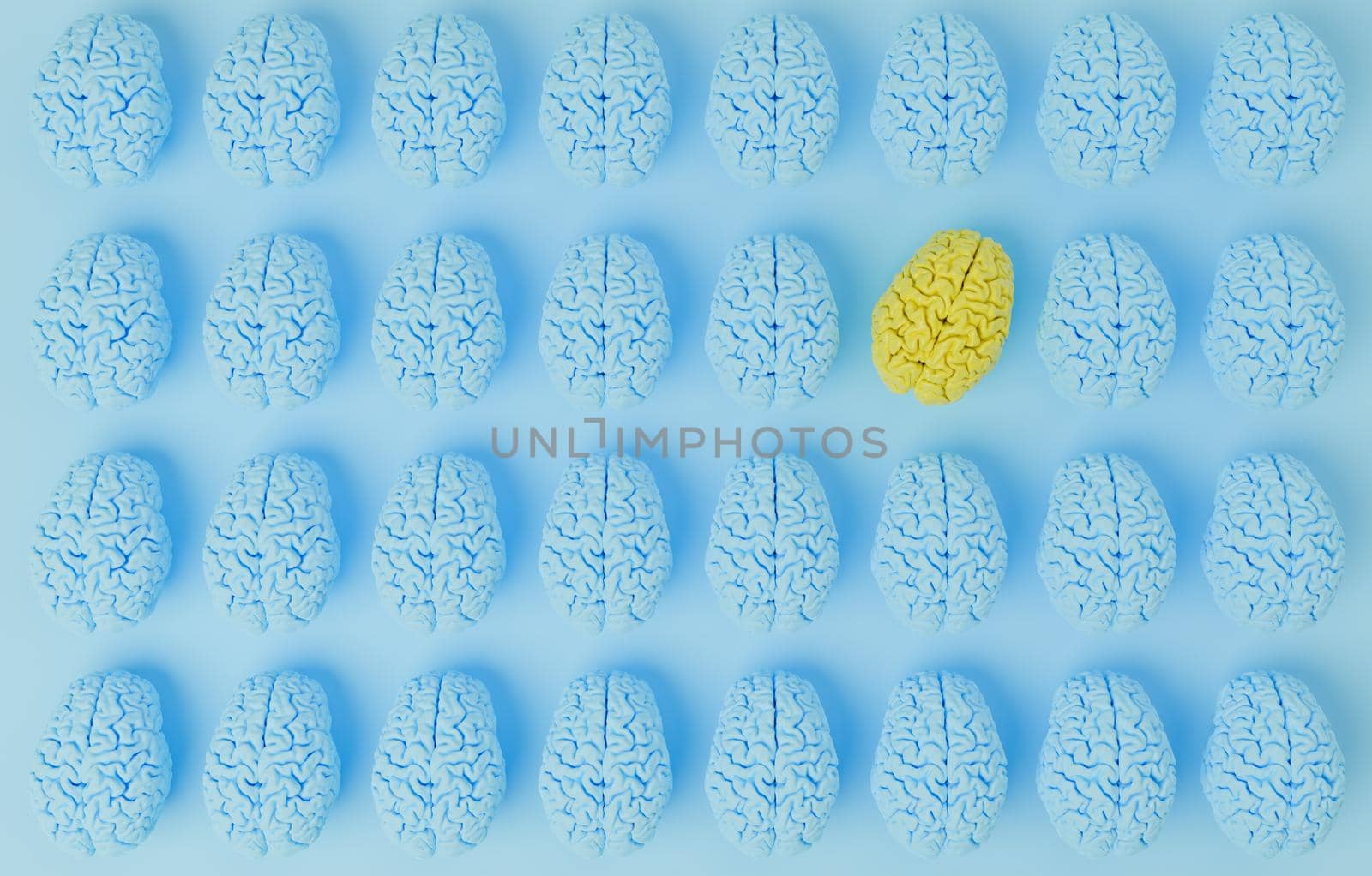 blue brains aligned with blue background and a yellow one misaligned. concept of intelligence, success, standing out. 3d render