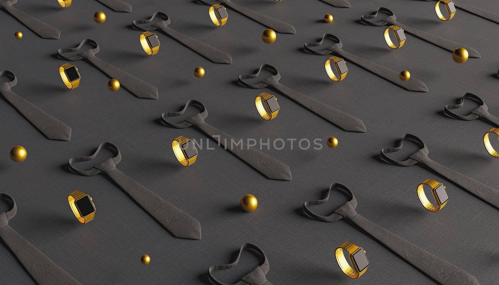 luxury black tie pattern and modern gold watches with spheres all around. 3d rendering